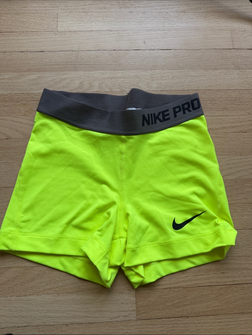 Nike Neon Yellow Training Shorts with Gray Waistband and Black Swoosh
